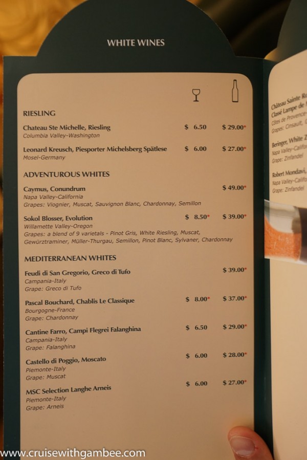 MSC Cruises Drink lists with prices. cruise with gambee