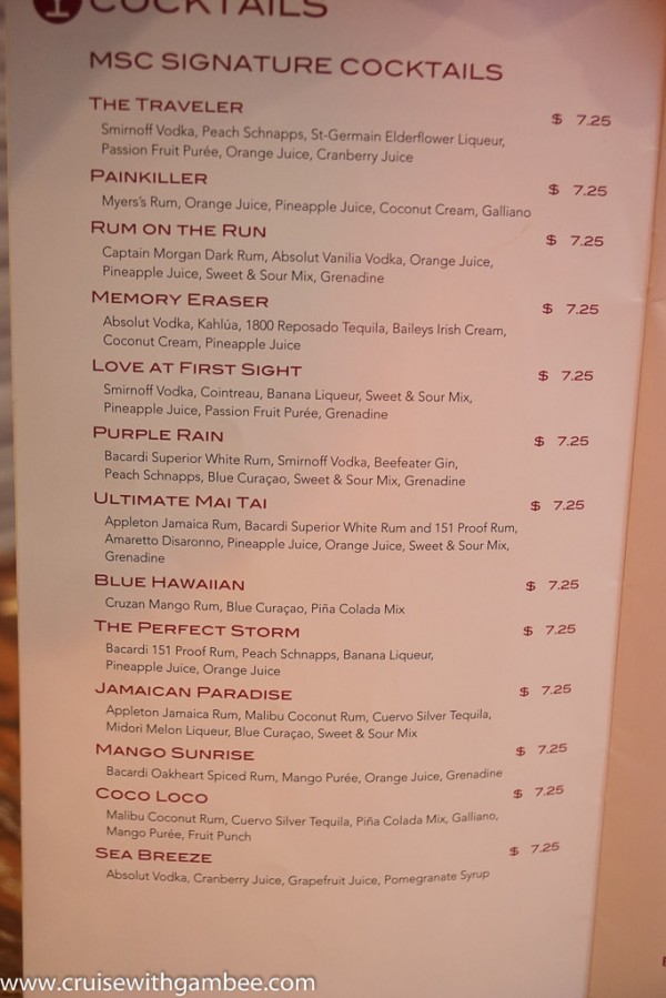 MSC Cruises Drink lists with prices. cruise with gambee