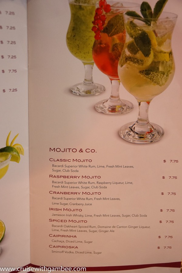 MSC Cruises Drink lists with prices. cruise with gambee