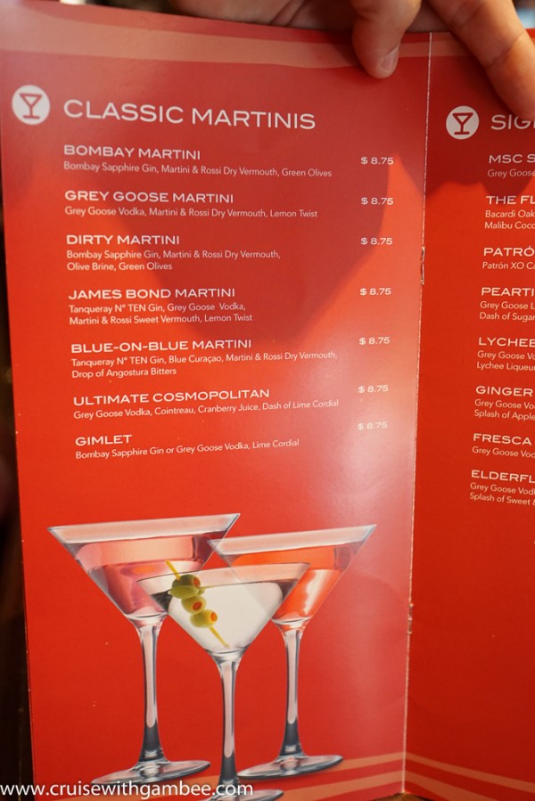 MSC Cruises Drink lists with prices. cruise with gambee