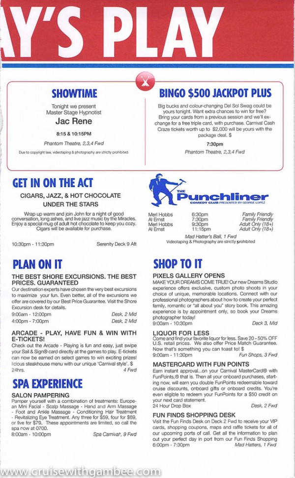 Carnival Miracle Fun Times Daily Itinerary cruise with gambee