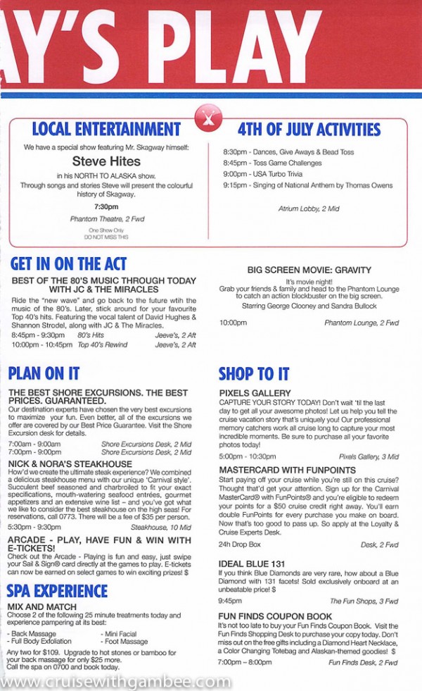 Carnival Miracle Fun Times Daily Itinerary cruise with gambee