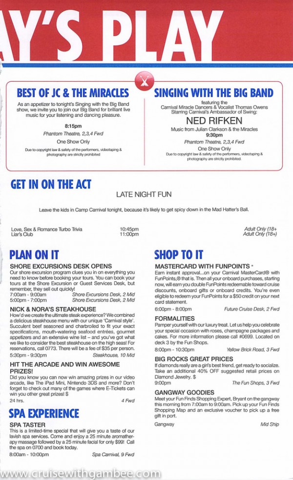 Carnival Miracle Fun Times Daily Itinerary cruise with gambee