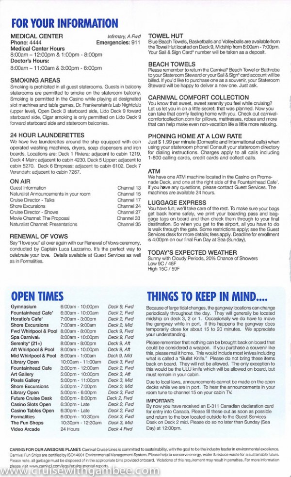 Carnival Miracle Fun Times Daily Itinerary cruise with gambee