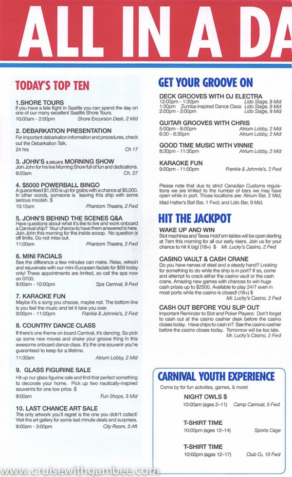 Carnival Miracle Fun Times Daily Itinerary cruise with gambee