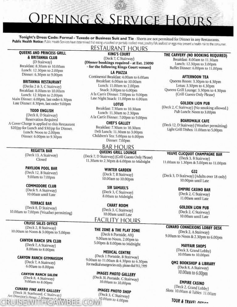 Curnard Queen Mary 2 Daily Programme Activities cruise with gambee