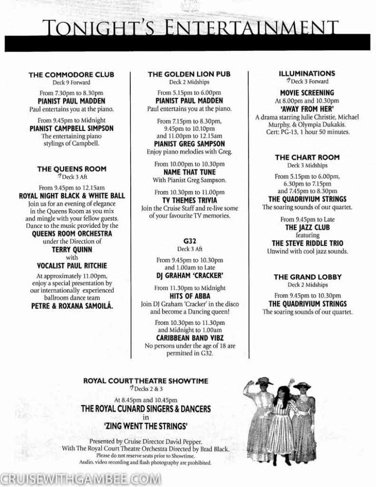 Curnard Queen Mary 2 Daily Programme Activities cruise with gambee