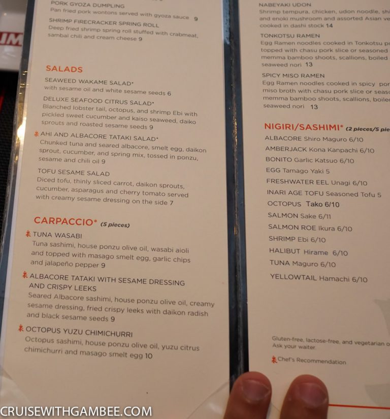Royal Caribbean Menus cruise with gambee