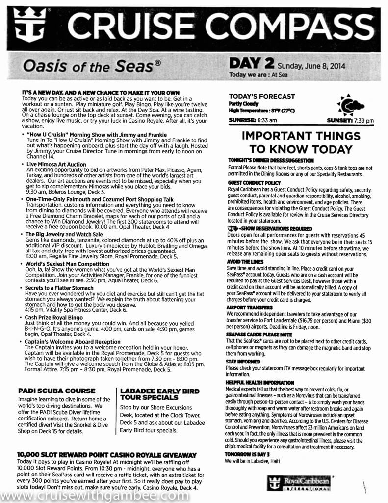 Oasis of the Seas Cruise Compass daily