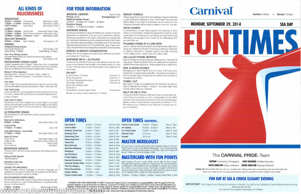 Carnival Pride FunTimes Daily program