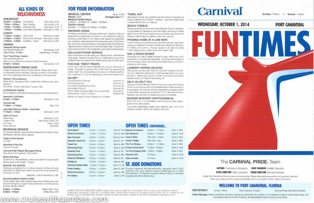 Carnival Pride FunTimes Daily program