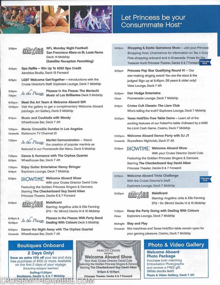 Golden Princess Patter Daily Activities – cruise with gambee