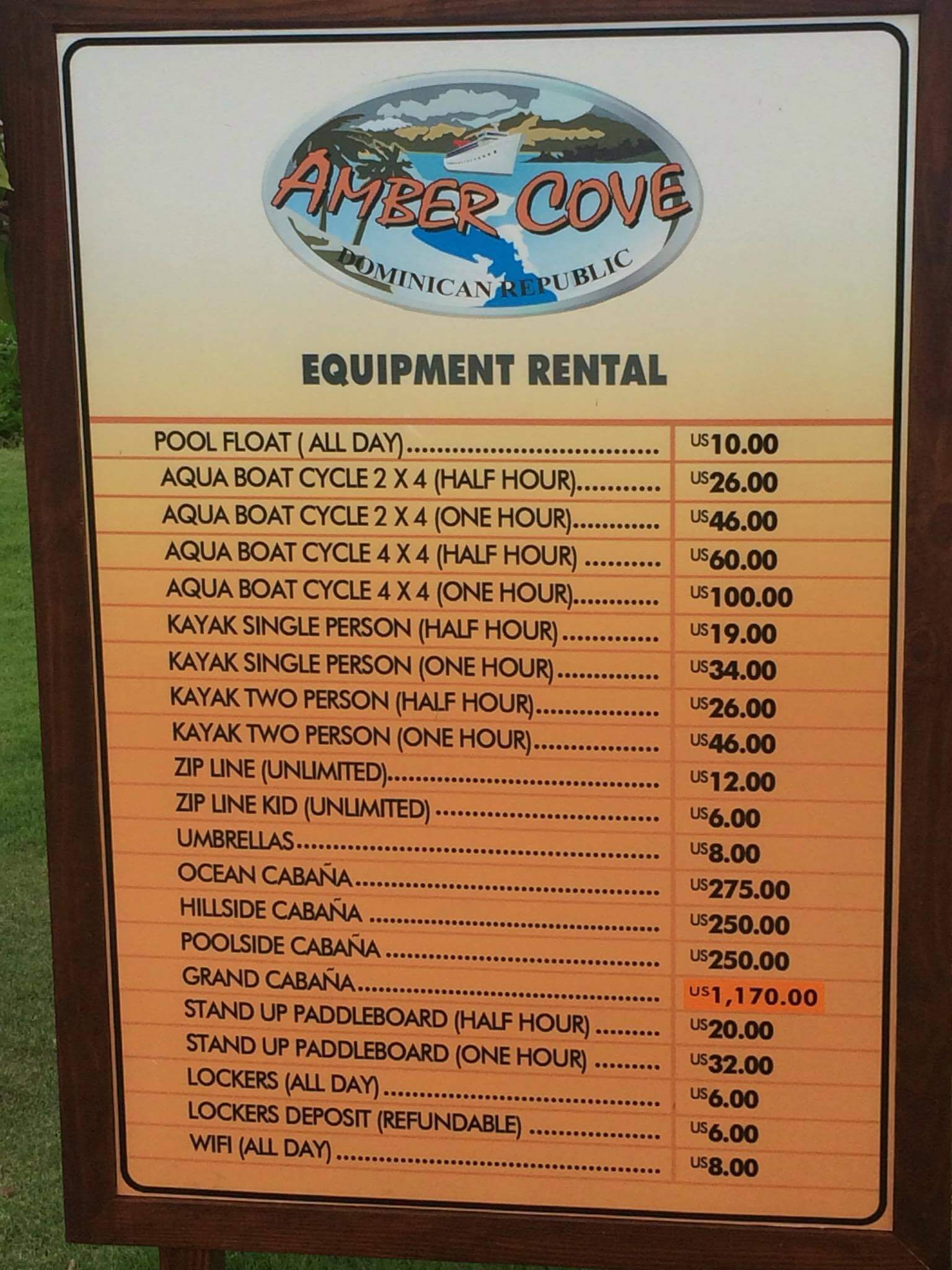 Amber Cove Equipment Rental Prices and Cabana Prices.